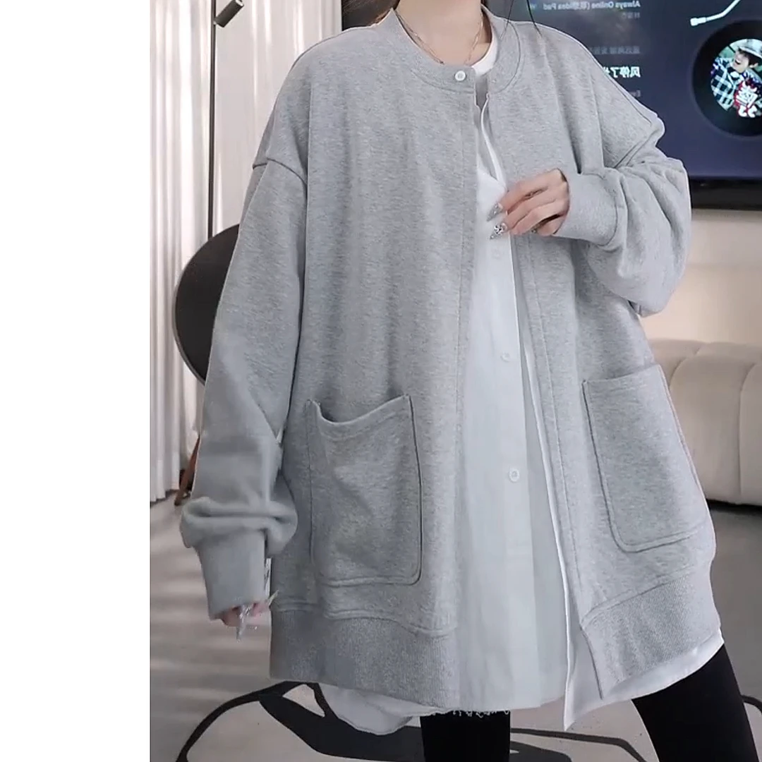 【赵一一】假两件衬衫拼接棒球服外套大版休闲开衫 Y22801