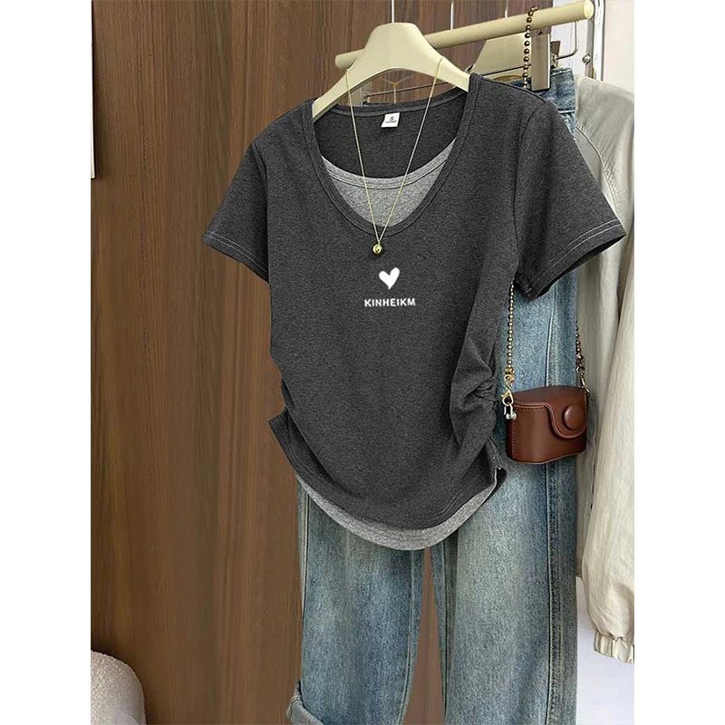 收腰V领假两件印花短袖t恤女2025夏季新款时尚百搭修身显瘦上衣潮