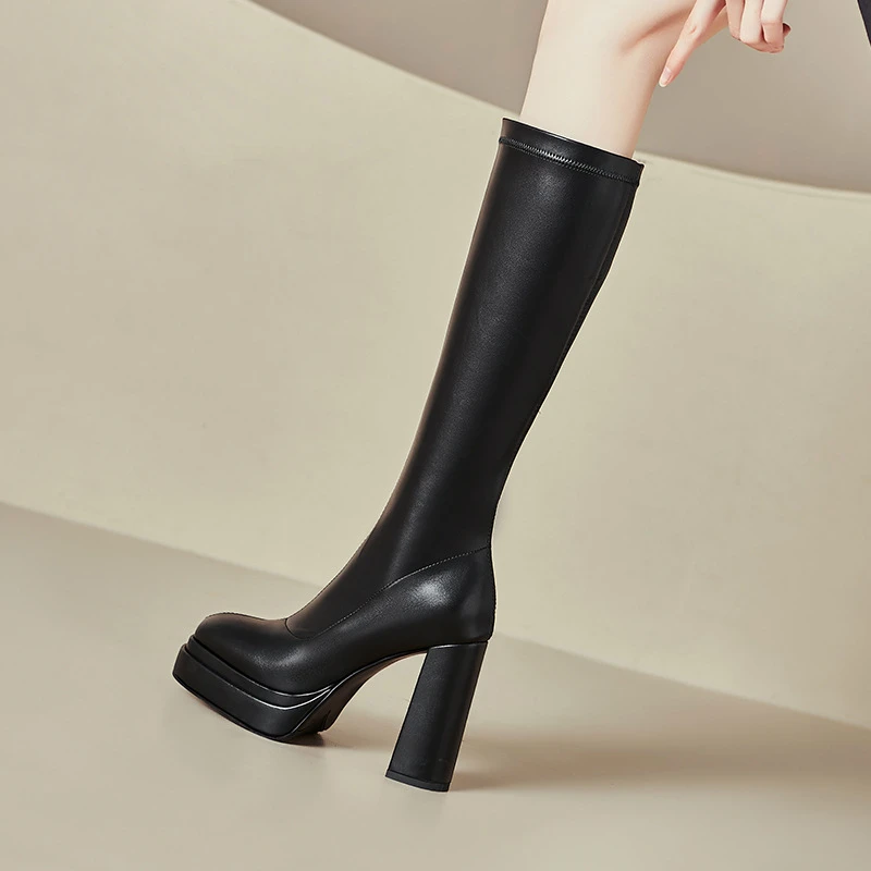 弹力靴显瘦防水台长筒靴女方粗跟厚底不过膝瘦瘦靴白色长靴