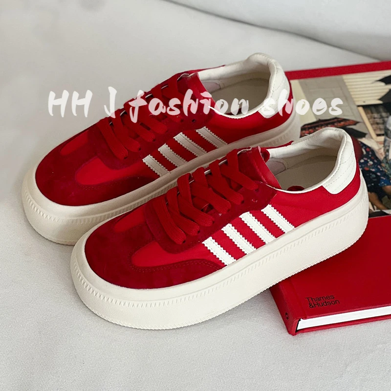 2025夏季新款真皮厚底德训鞋女百搭休闲运动板鞋增高透气面包板鞋