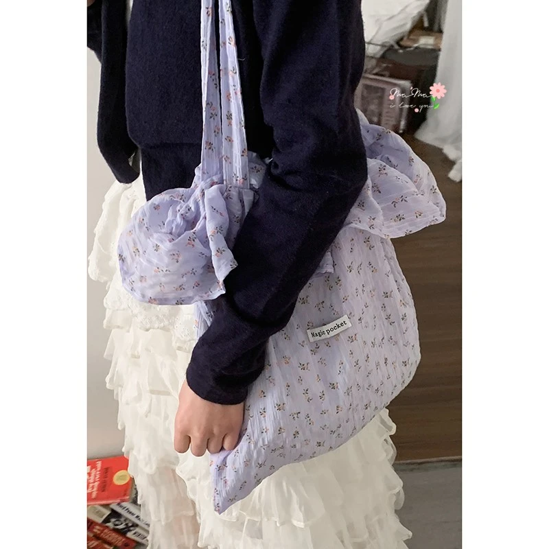 包包女款爆款2025新款时尚雪纺荷叶边碎花布包大容量单肩包托特包