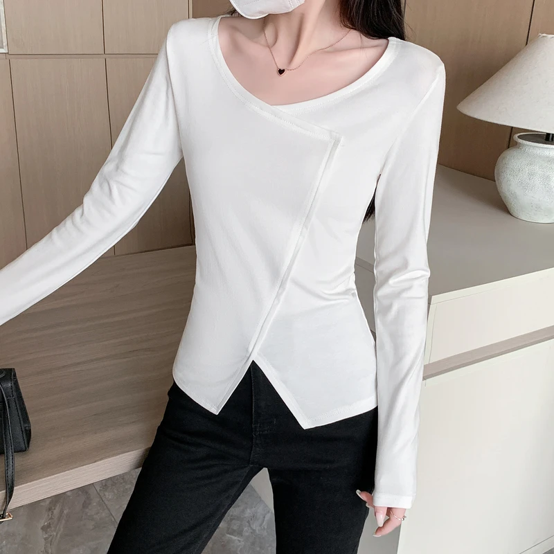 （清仓）1049-U领t恤女长袖不规则秋季2024修身显瘦内搭纯色打底衫