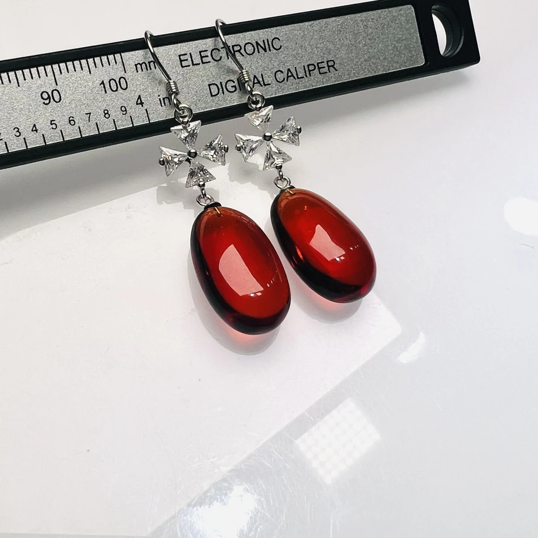 天然缅甸血珀，镶嵌925银简约时尚立体耳坠