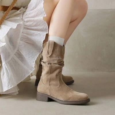 2024秋冬季新款英伦风超火显瘦中筒靴女百搭粗跟套筒时尚马丁靴子