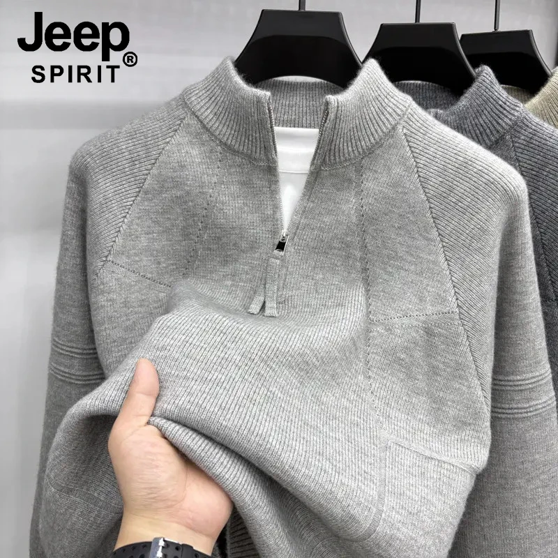 JEEPSPIRIT吉普男士立领半拉链针织衫秋冬新款时尚拼接保暖毛衣男