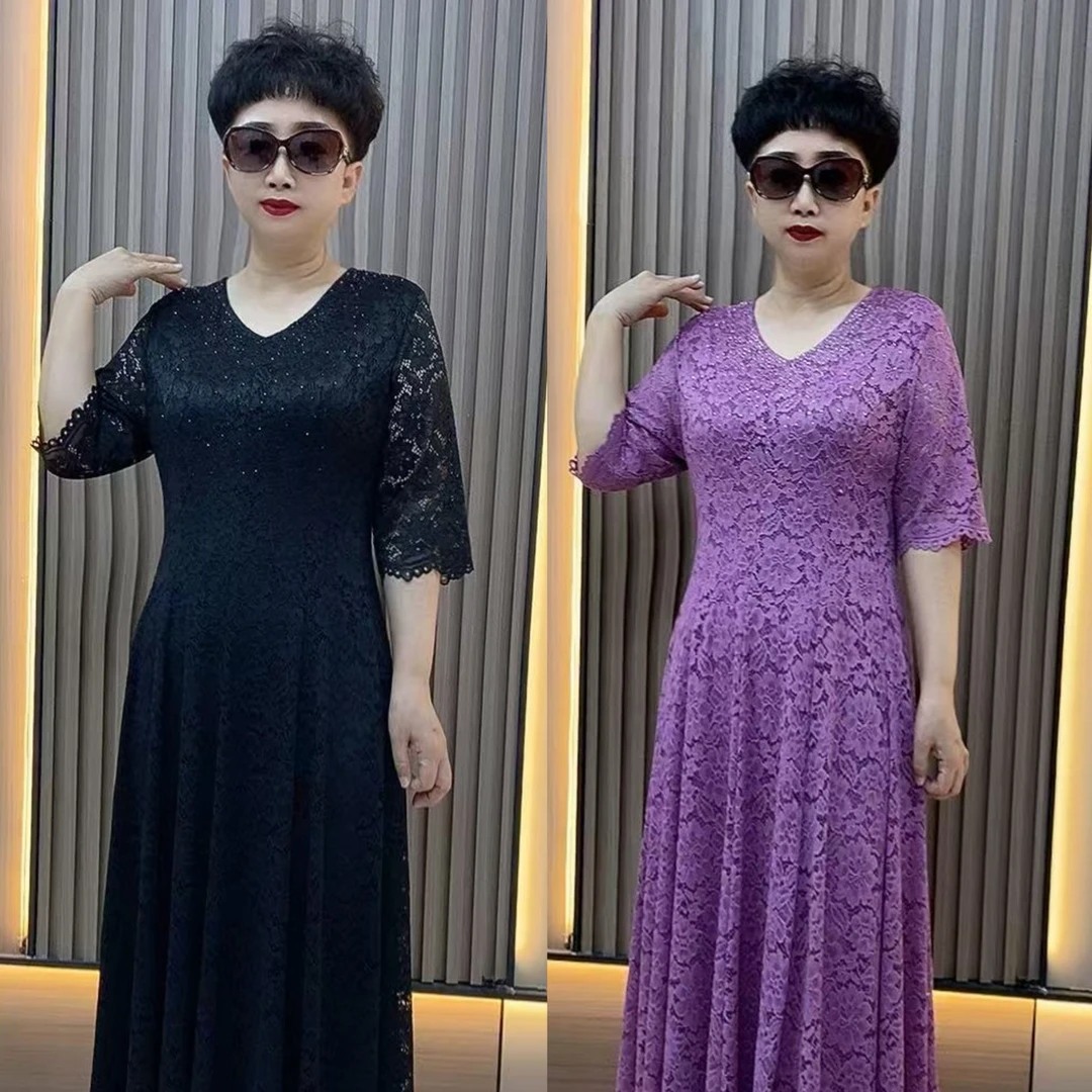 62529蕾丝修身气质过膝妈妈装显瘦连衣裙，裙长120左右