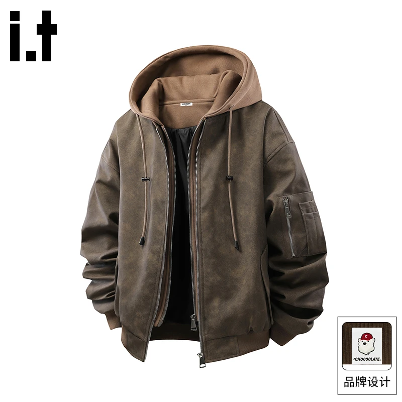it: CHOCOOLATE美拉德连帽夹克男2025秋冬季复古皮衣宽松休闲外套