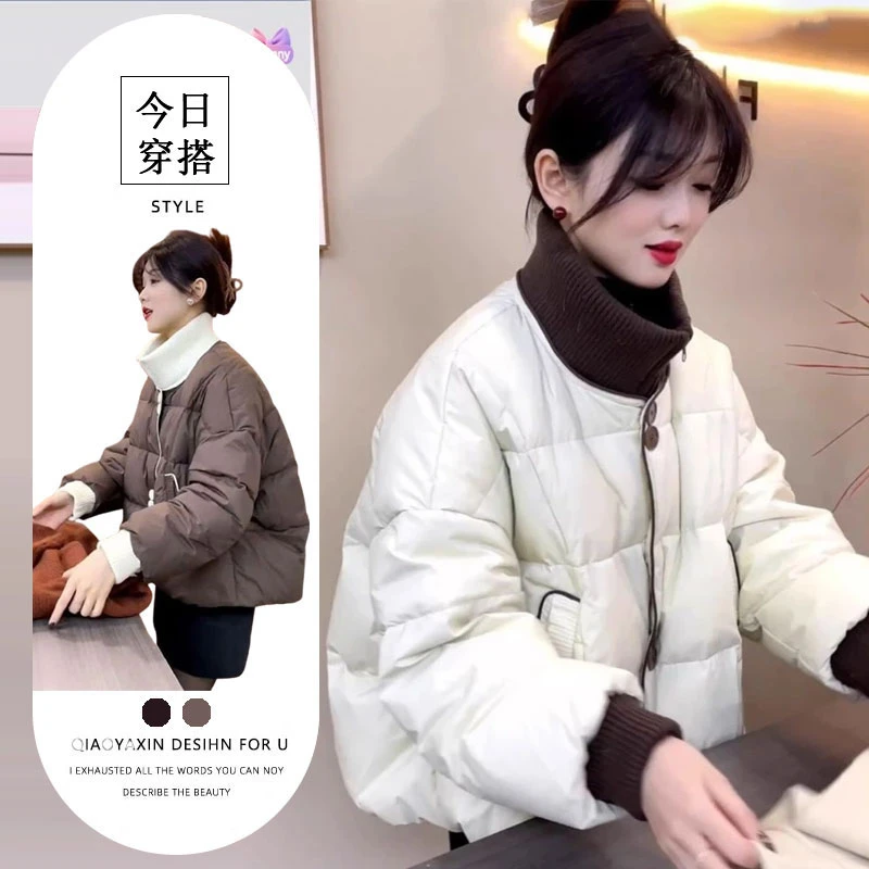 拼色棉服女2025针织立领新款拼接棉衣棉服冬季小个子短款棉衣外套
