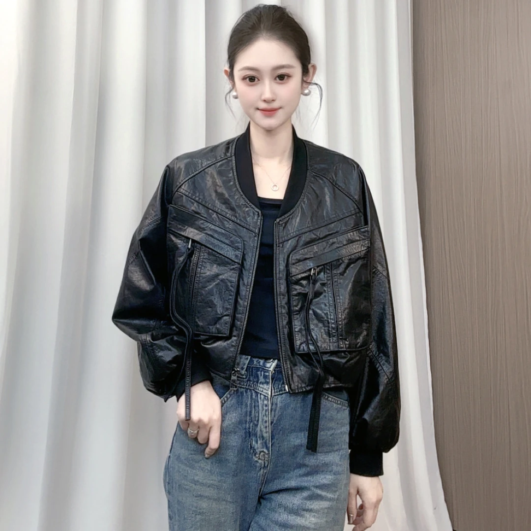 新款真皮皮衣女圆领短款机车夹克外套百搭显瘦