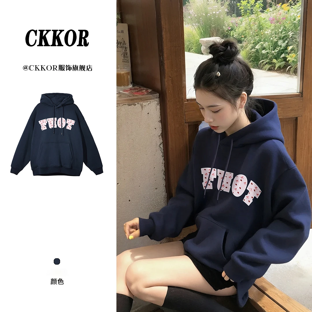 CKKOR美式宽松时尚印花连帽卫衣男女春秋新款潮流百搭情侣款上衣