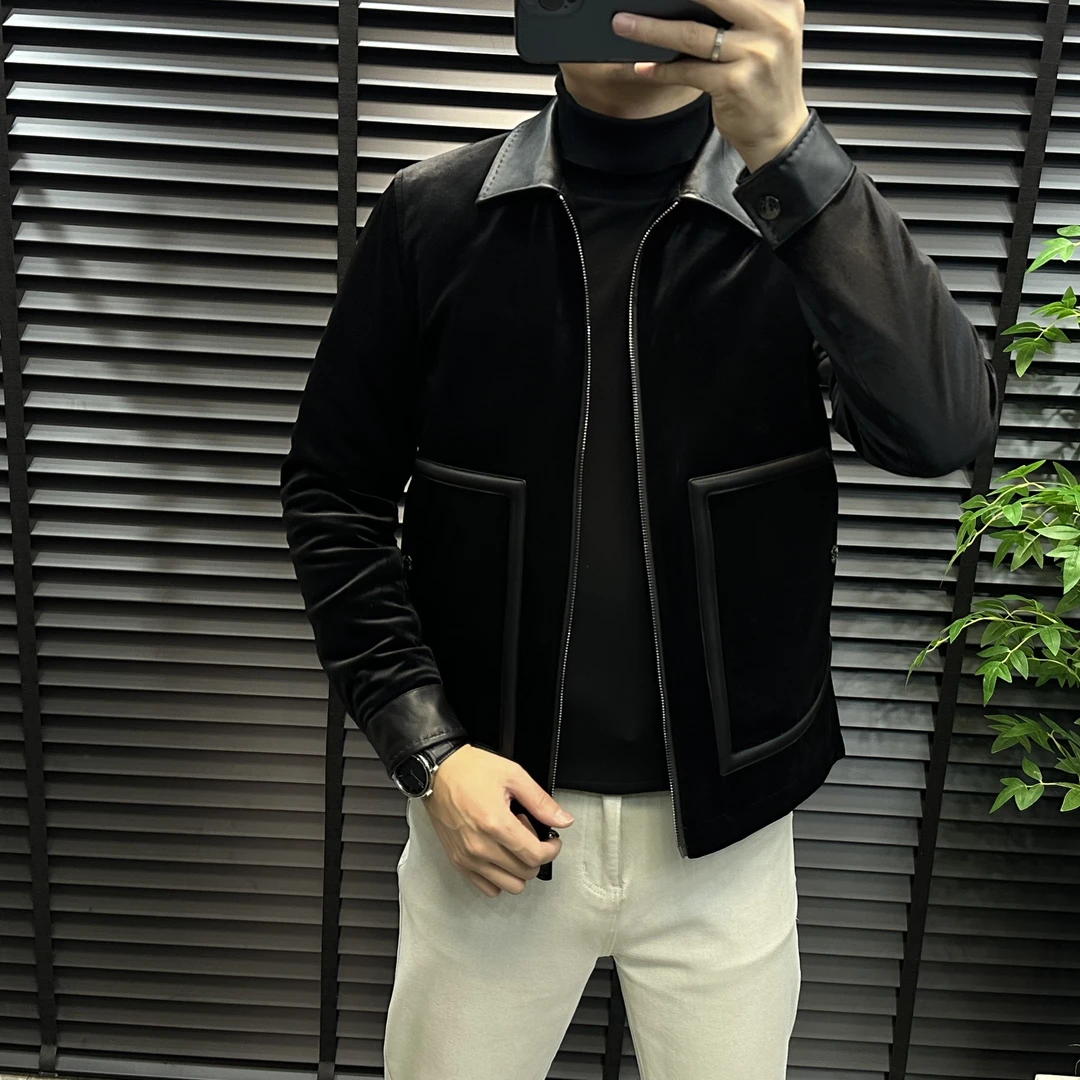 秋冬季男士高品质金丝绒拼皮鹅绒翻领时尚休闲羽绒服男装外套