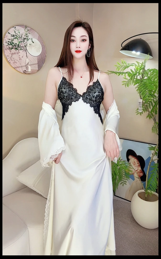 新款高端性感长款吊带睡裙带胸垫牛奶丝气质显瘦夏季丝滑睡袍套装