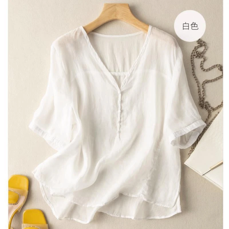 HONG JIA LIN/虹嘉琳宽松V领短袖文艺复古薄款衬衫女大码百搭通勤