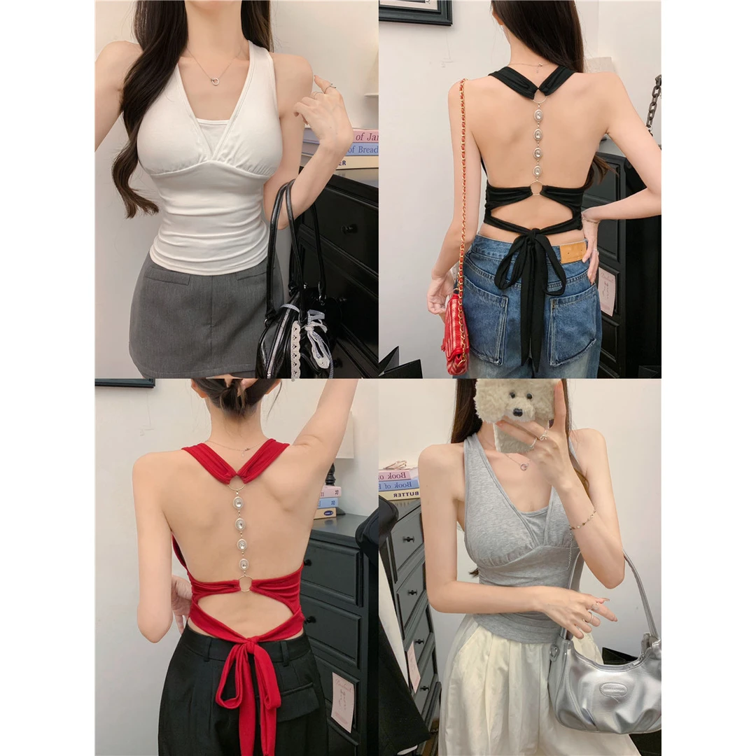 2025新款夏季绑带设计感辣妹外穿露背挂脖吊带背心女打底小个子
