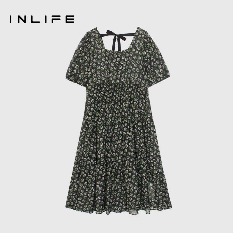 伊纳芙法式优雅碎花宽松显瘦高腰A字连衣裙方领中长裙M23X1L3168