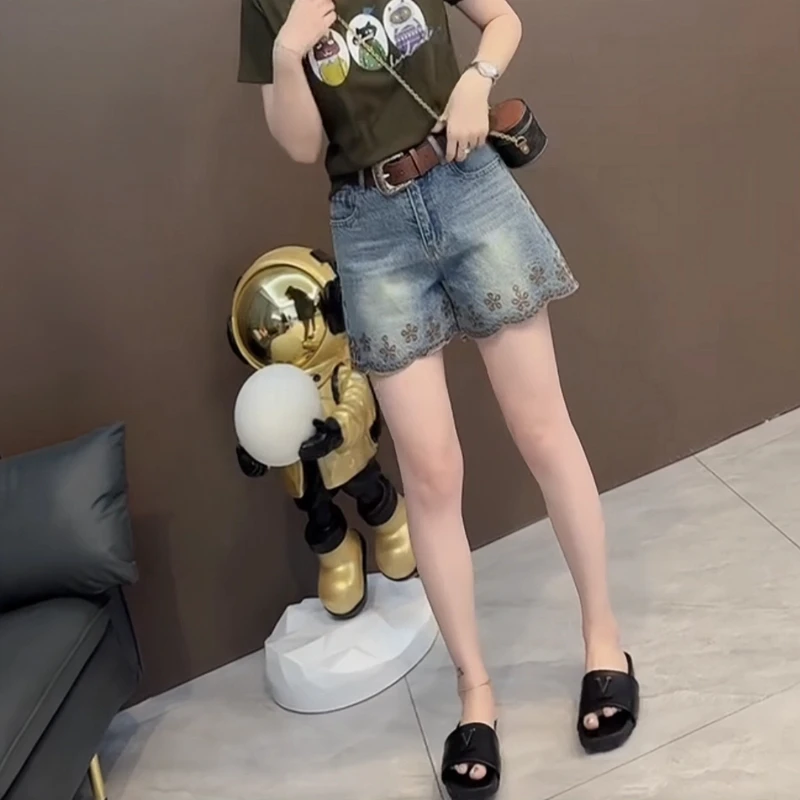 欧若风新款时尚高腰A字牛仔短裤夏季薄款修身显瘦刺绣四分牛仔裤