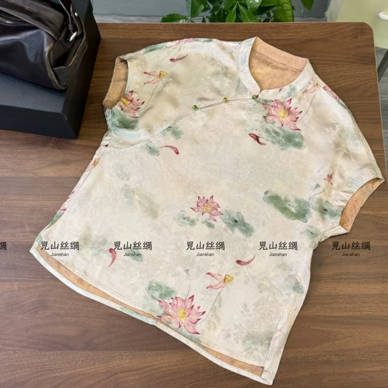 荷塘月色 新中式轻奢气质立领斜襟双面穿人丝短袖女设计感