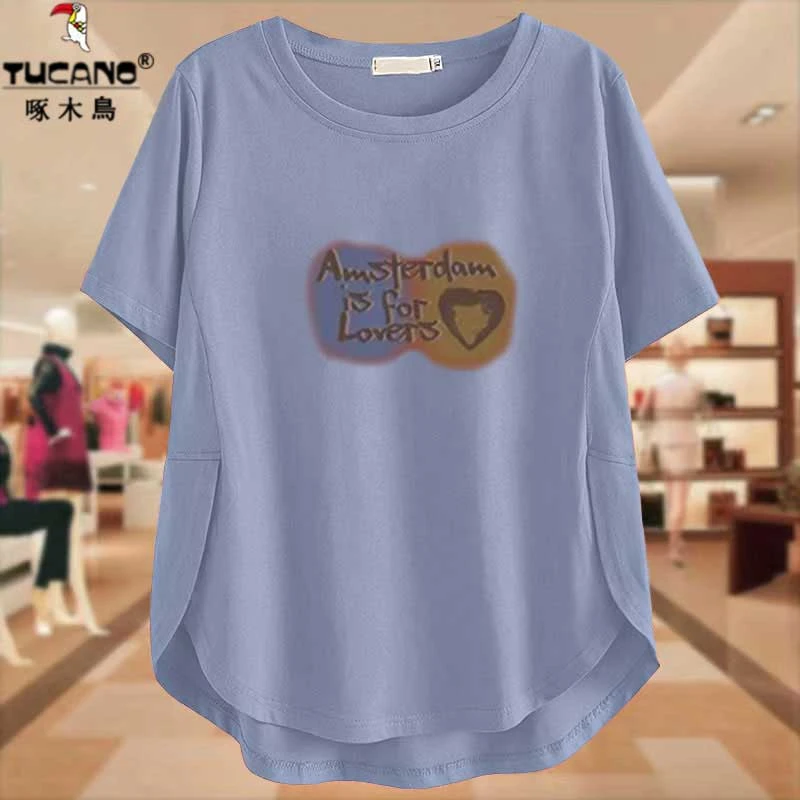 啄木鸟纯棉短袖T恤夏季女装大码遮肚子洋气休闲装气质浅蓝色上衣