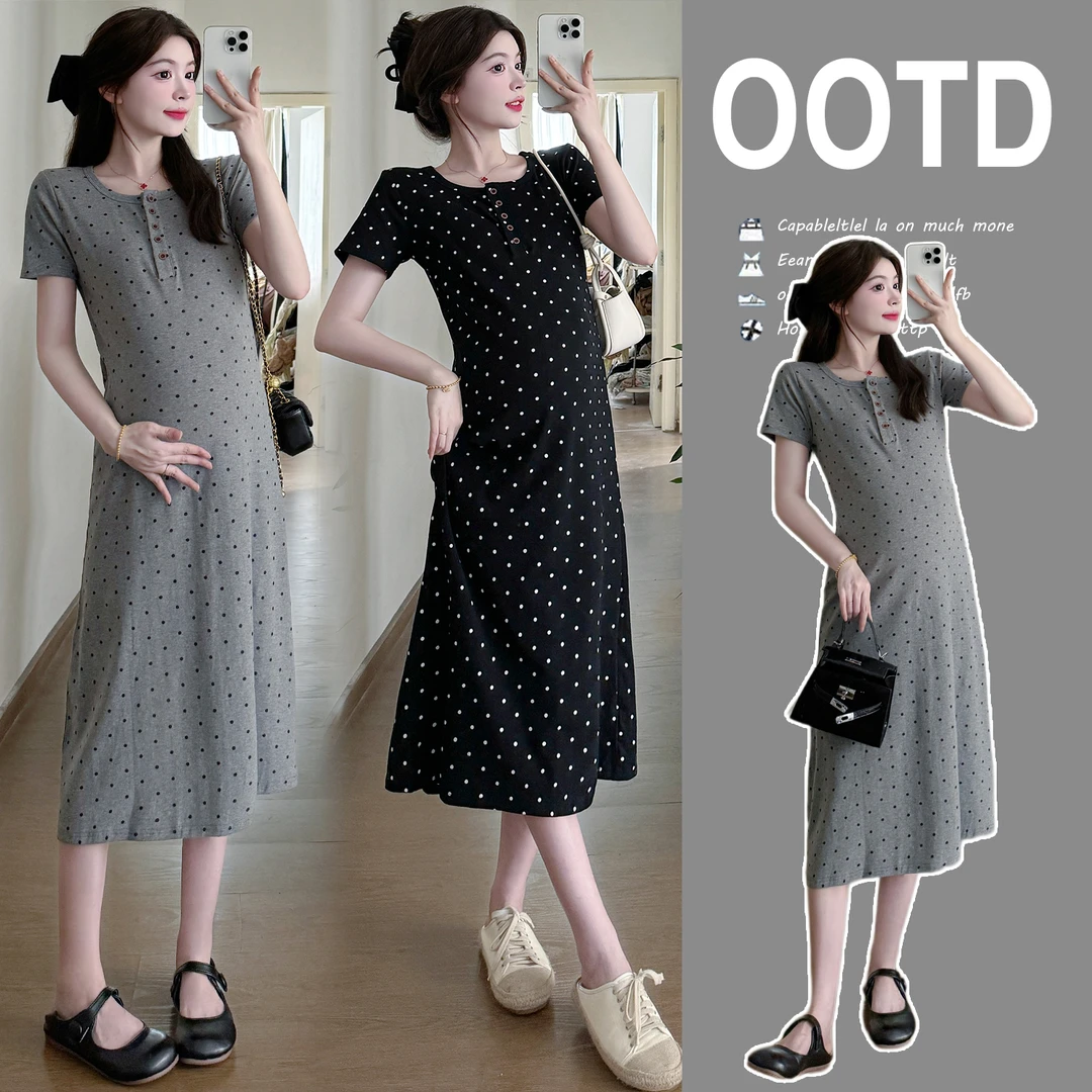 孕妇装夏装短袖上衣夏季连衣裙高级感时尚波点显瘦气质中长款裙子