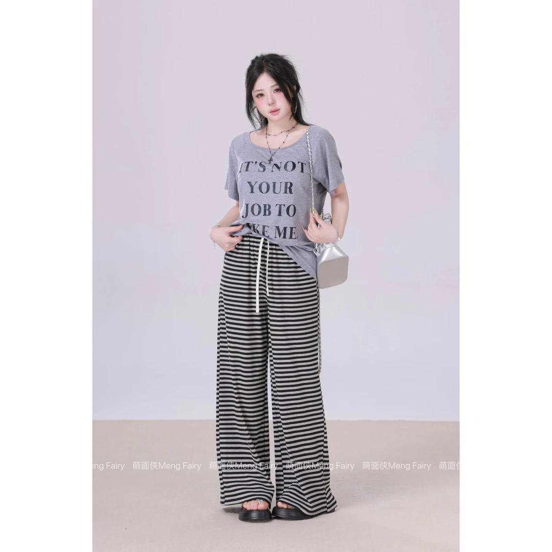 现货萌面侠  【松弛条纹裤】95棉经典高腰条纹休闲长裤欧若风6195M