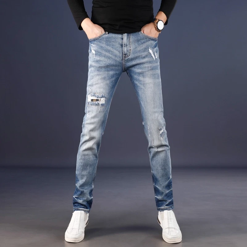 牛仔裤男蓝色破洞补丁修身小脚2025新款秋冬季潮流痞帅男士裤子