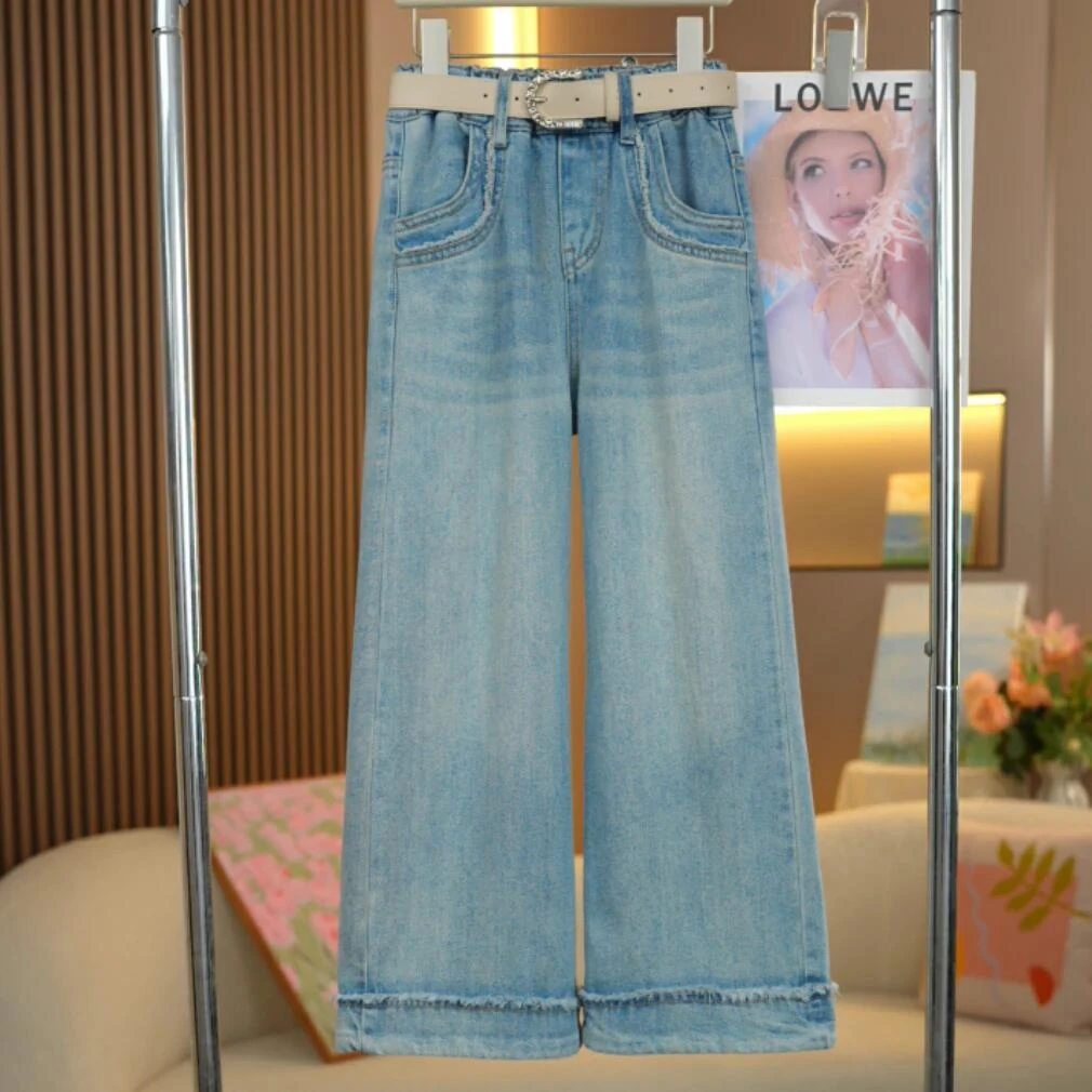 2025春季新款女童中腰牛仔裤裤子百搭女童休闲款浅蓝色毛边阔腿裤