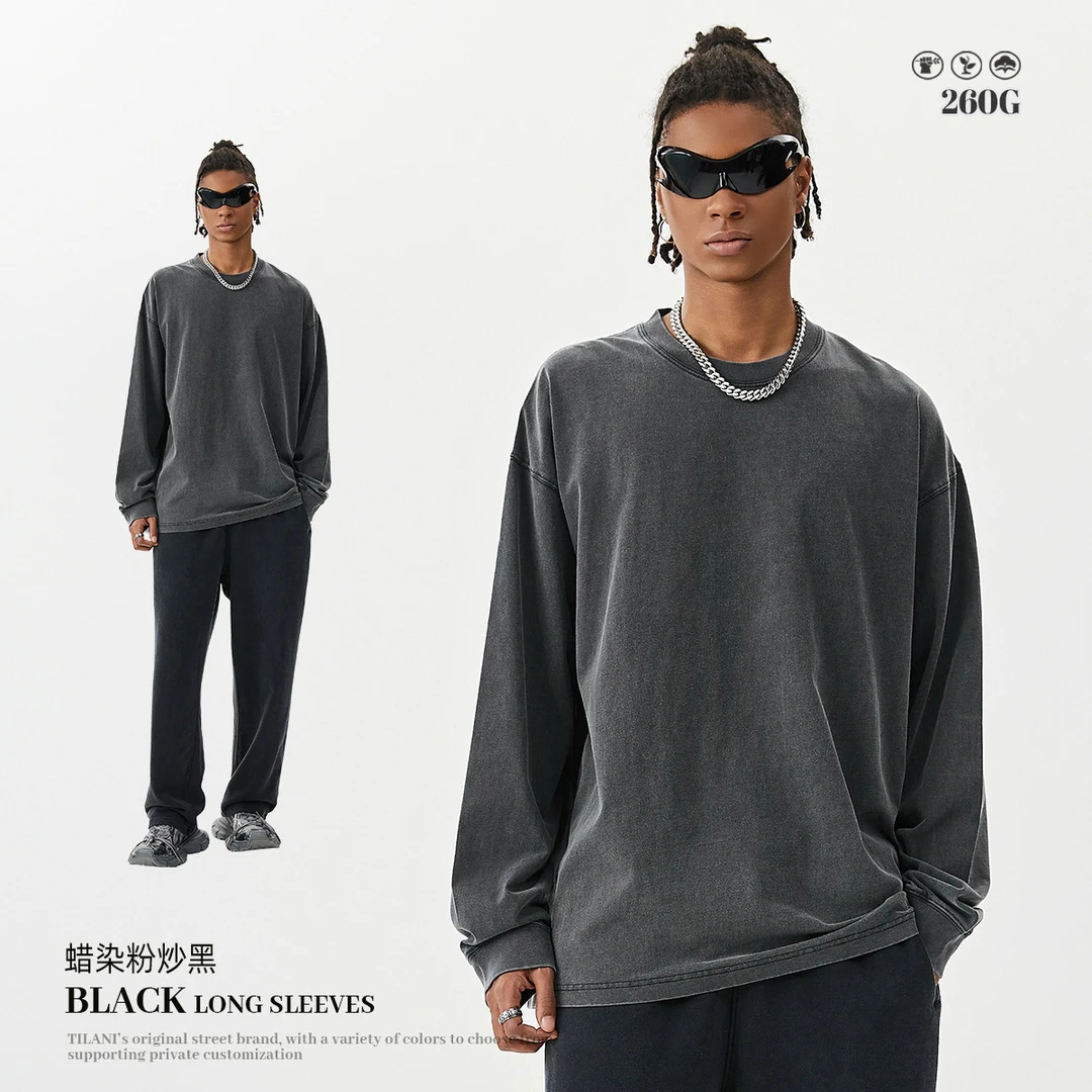重磅260g复古蜡染水洗长袖t恤男宽松圆领美式复古打底衫春季2025