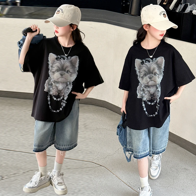 女童牛仔短裤套装夏装新款热裤洋气儿童薄款短袖中大童裤子两件套