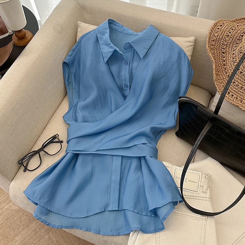 1CoMo 新款气质简约时尚韩版设计感显瘦宽松小众通勤无袖衬衫5818