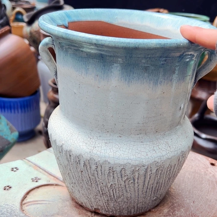 紫砂花盆高约22口约19瑕疵双耳