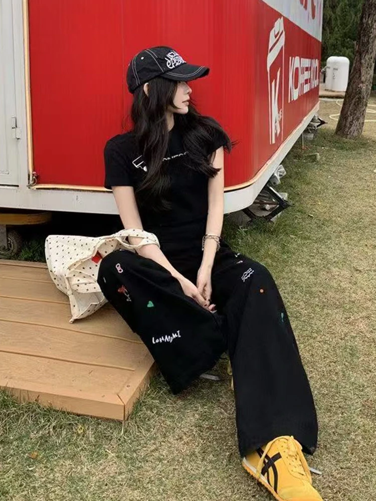 大码【奶酪陷阱】刺绣黑色背带裤女夏新款宽松百搭阔腿连体长裤