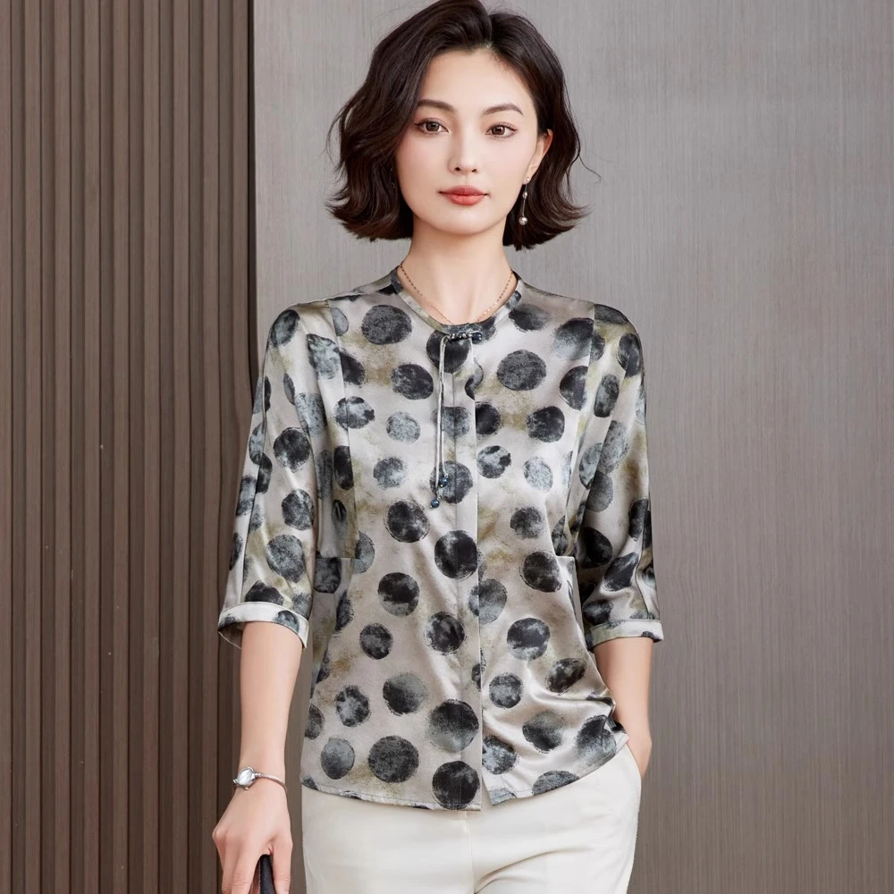 波点印花真丝衬衫女短袖2025春夏新款气质小衫显瘦立领桑蚕丝上衣