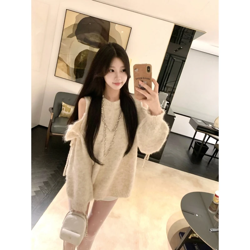 韩系宽松慵懒风纯欲辣妹露肩针织衫毛衣女2025秋冬直筒百搭短裤潮