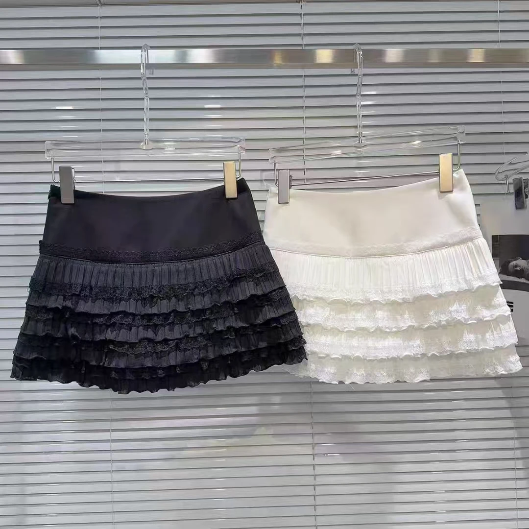 L.X~春季新款甜美辣妹蕾丝皱褶裙摆边纯色蛋糕裙半身裙6176
