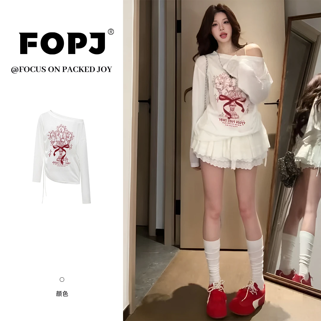 FOPJ夏季新款纯欲风露肩长袖t恤女防晒罩衫内搭宽松显瘦薄款上衣