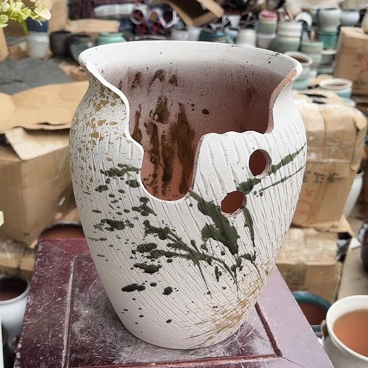 紫砂茶碗白泼墨缺口口径20高度28