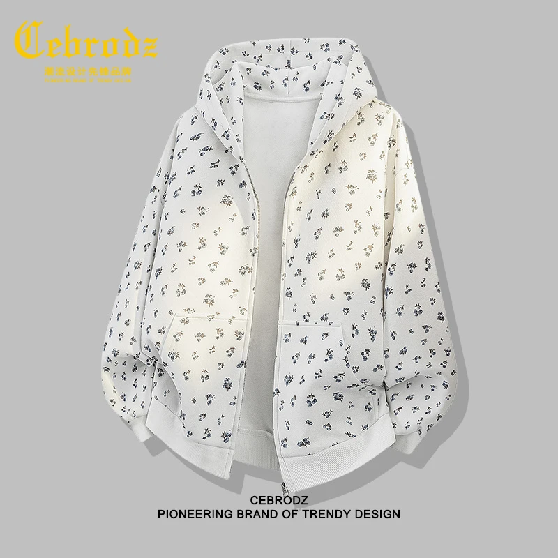 法国Cebrodz碎花连帽针织卫衣男春秋宽松休闲商务百搭开衫外套潮