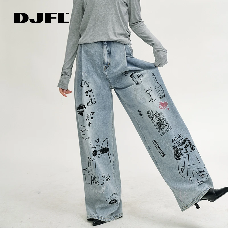 明星同款✖DJFL涂鸦重工定位烫钻质感牛仔蓝色长裤DWFA2K211