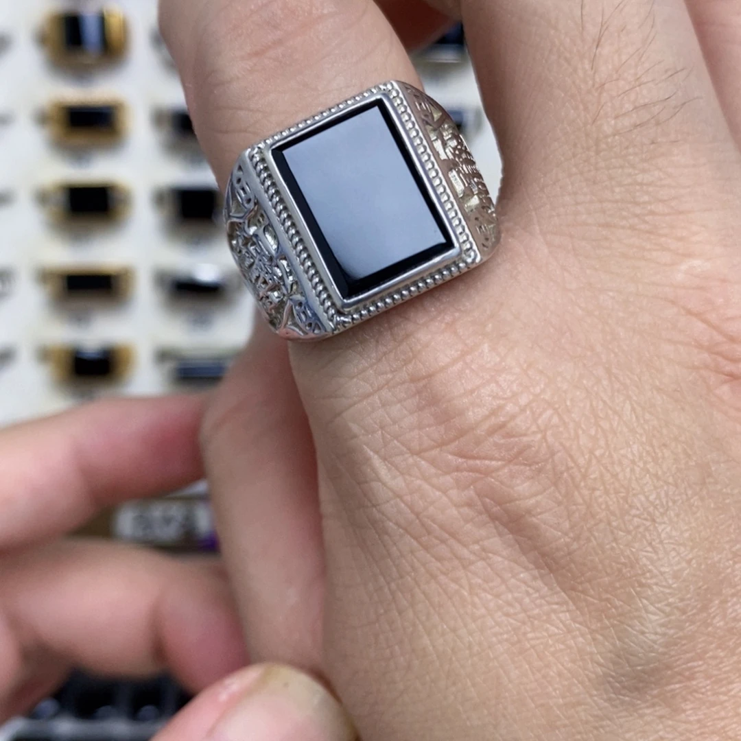 翡翠银S925镶嵌戒指墨翠戒指