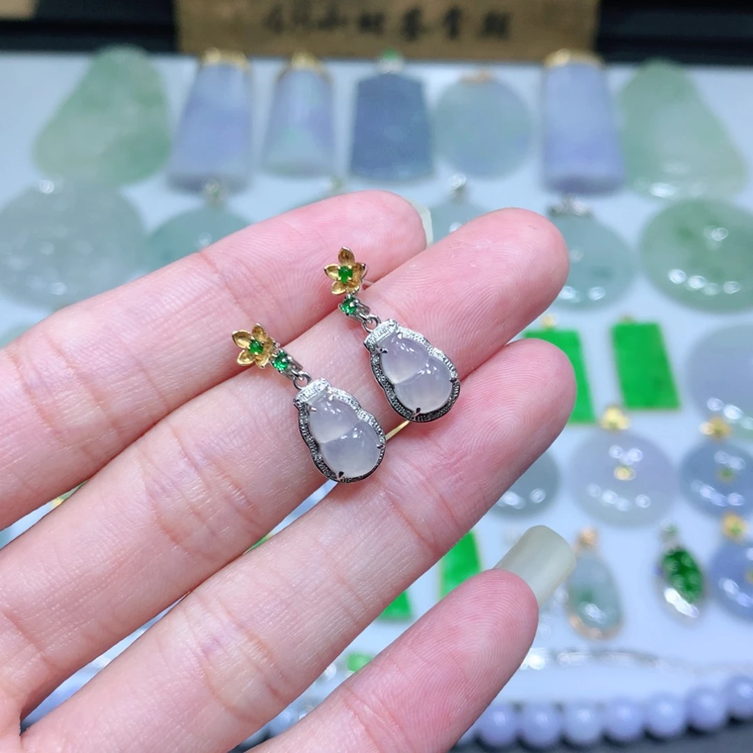 翡翠耳钉18K金镶嵌葫芦