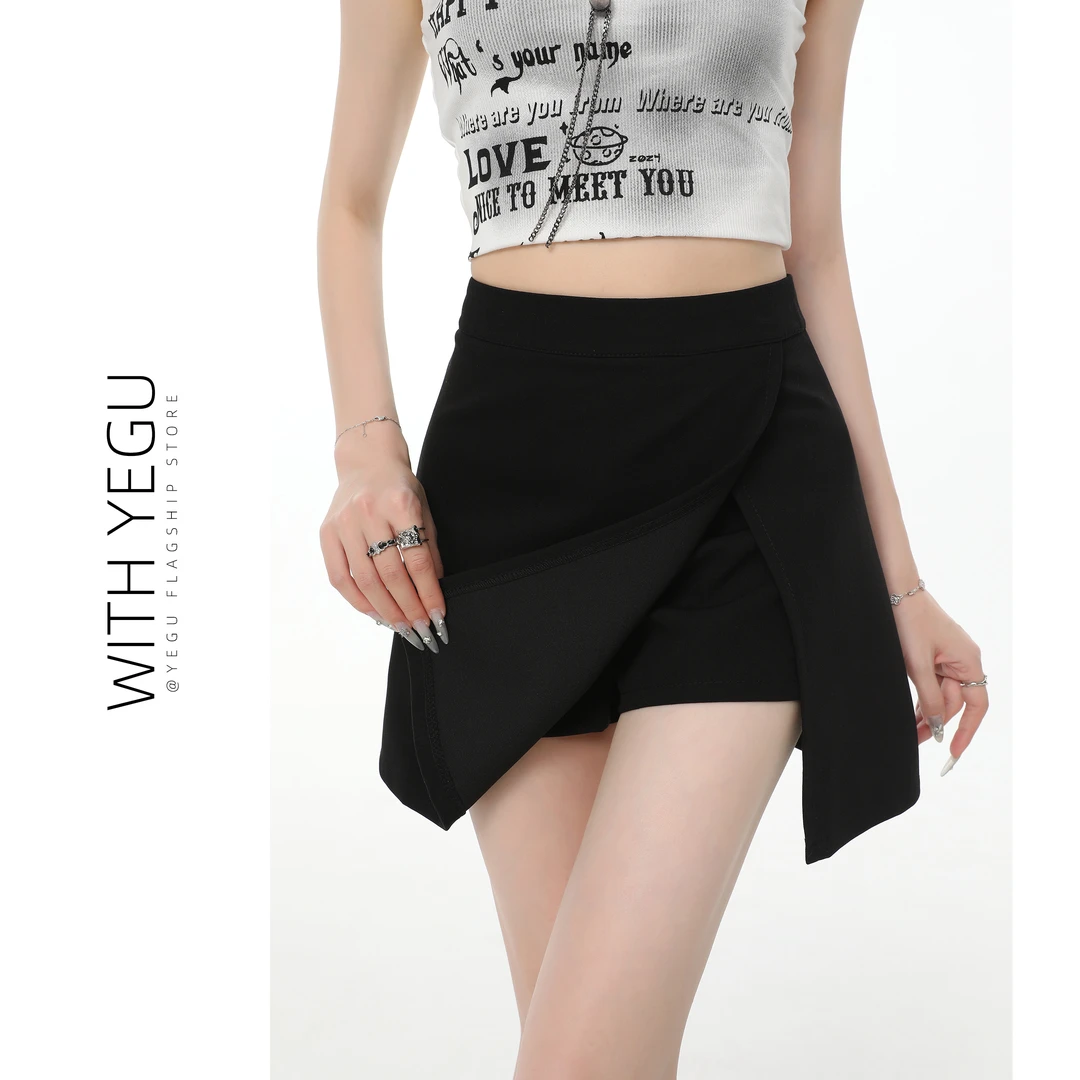 黑色不规则短裙裤女夏季款高腰设计感开叉包臀裙小个子西装半身裙