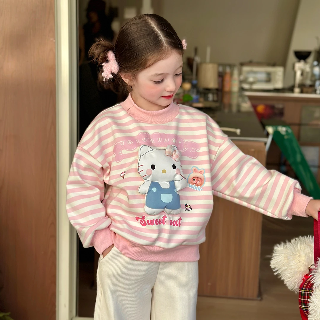 【大清仓】女童装粉白条纹加绒卫衣2025冬季裤子可爱印花宽松上衣