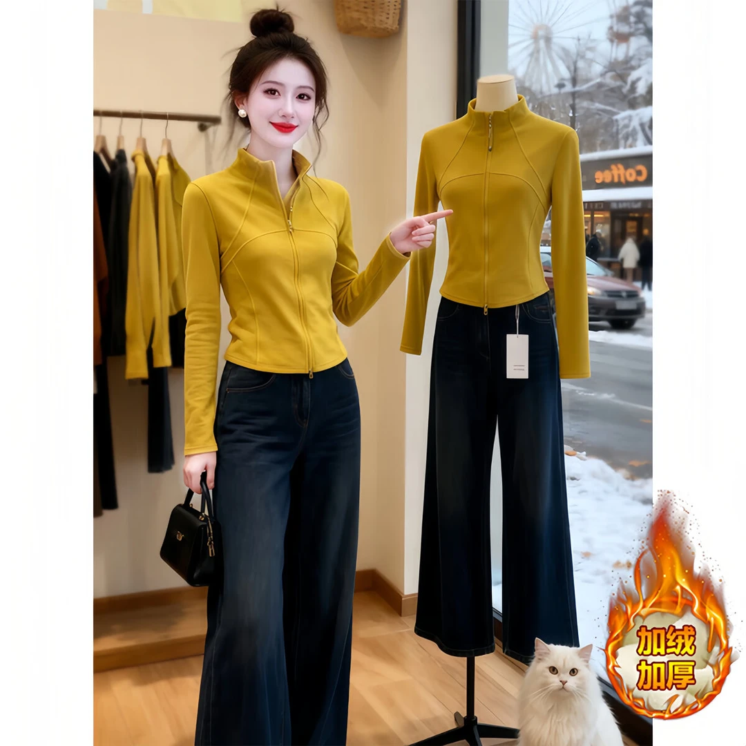 半高领双拉链长袖T恤开衫女秋冬季简约休闲修身显瘦百搭上衣