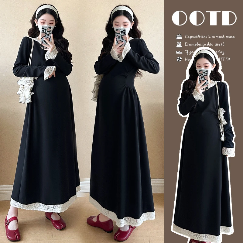 { 糕糕 }孕妇装2025春季新款高级蕾丝连帽长款连衣裙