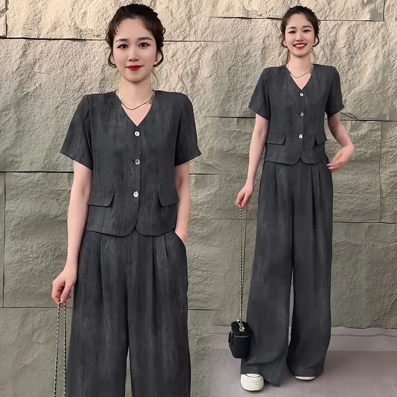 韩系2025夏新款时尚洋气高级感V领短袖上衣高腰显瘦休闲裤两件套