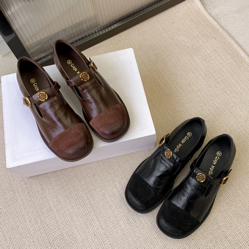 2025春季新款复古山茶花深口玛丽珍鞋女厚底粗跟一脚蹬圆头小皮鞋