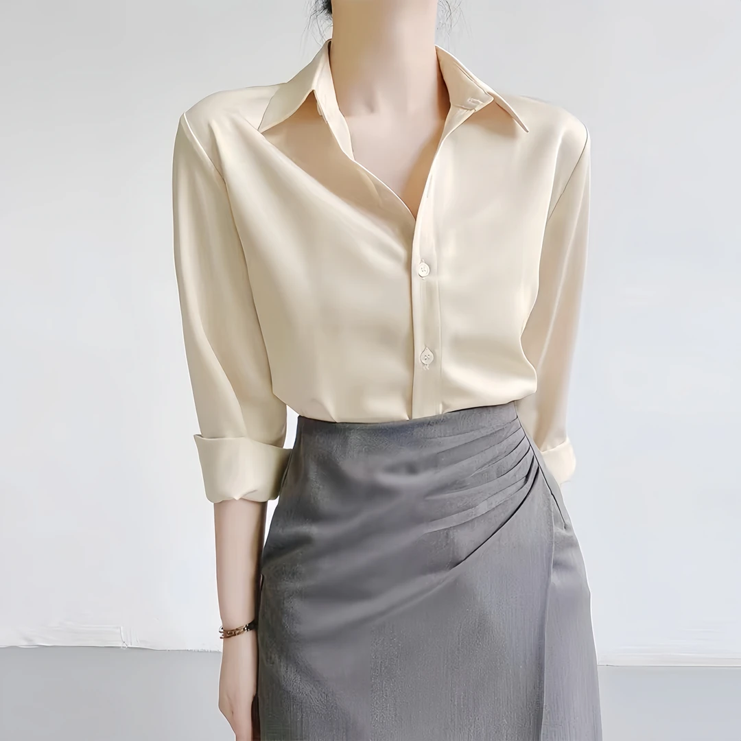 【古蒂歌品牌】高级气质女衬衫2025秋装新款长袖职业缎面通勤白衬衣