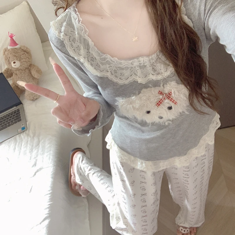 【带胸垫一体】长袖长裤睡衣女款春秋季人棉甜美蕾丝小狗家居服套装