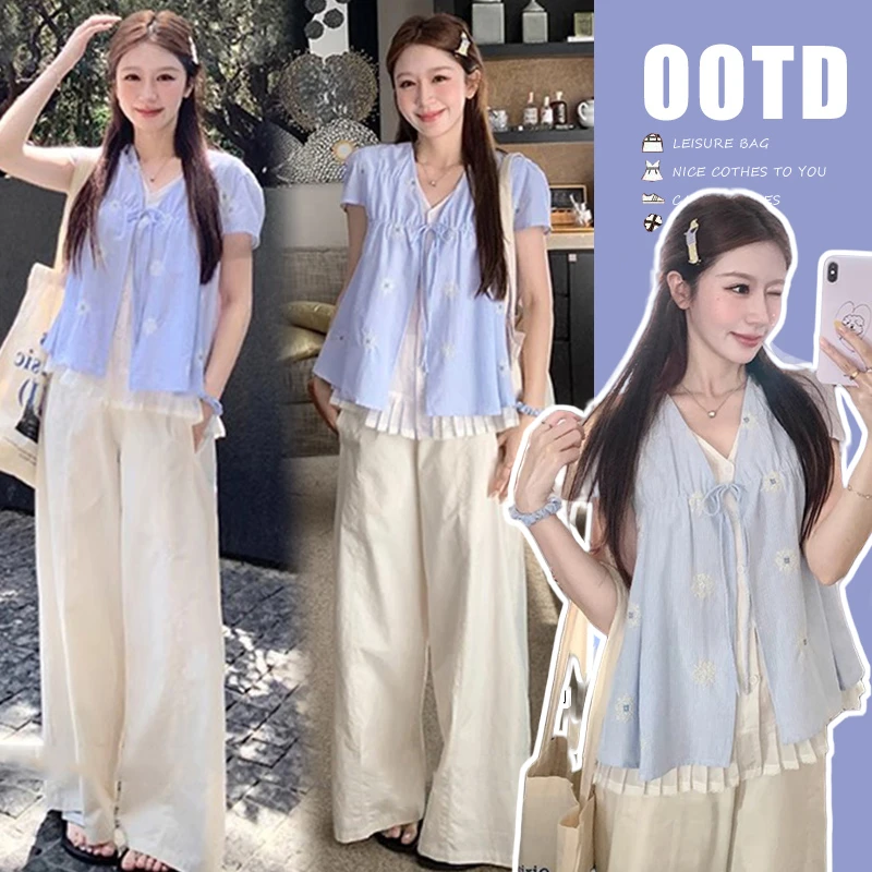 时髦孕妇装新款蕾丝拼接甜美刺绣减龄娃娃衫加阔腿长裤时尚两件套