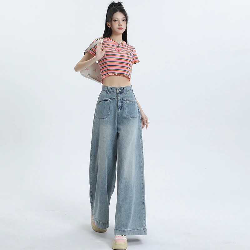 2025春夏上新好品#浅蓝阔腿牛仔裤女新款高腰网红高街百搭宽松拖